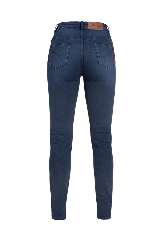Model-Wearing-Ruby-Indigo-Mono-Layer-Jeans-Rear-View-John-Doe-Logo