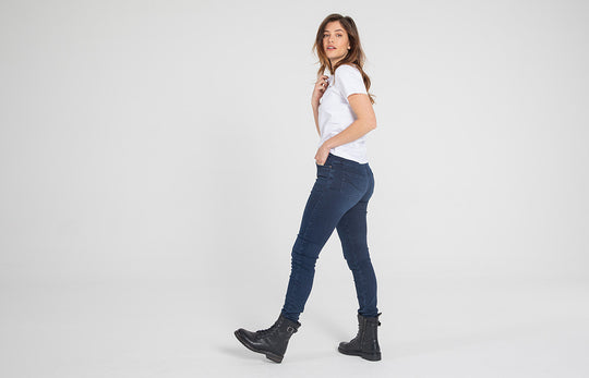 Joe-Doe-Model-Wearing-Ruby-Indigo-Protective-Jeans-Side-View-Jackie-High-Boots-Black