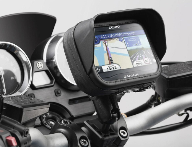 Garmin Zumo motorcycle navigation system fitted on handlebars