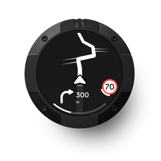 Beeline Moto II Black — motorcycle navigation device showing route guidance and 70 km/h speed limit