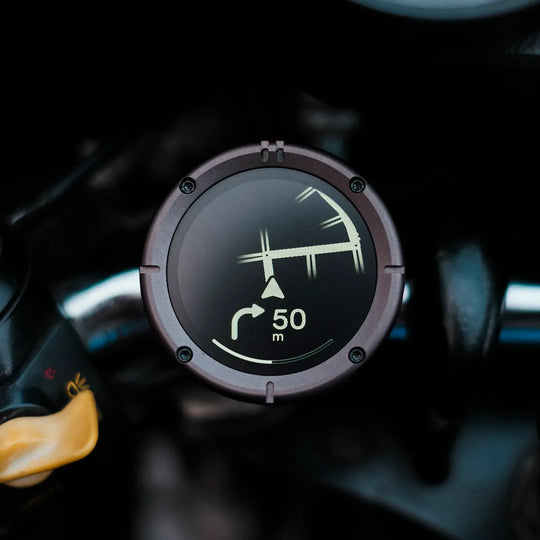 Beeline Moto II motorcycle navigation screen showing junction map with right turn in 50 metres