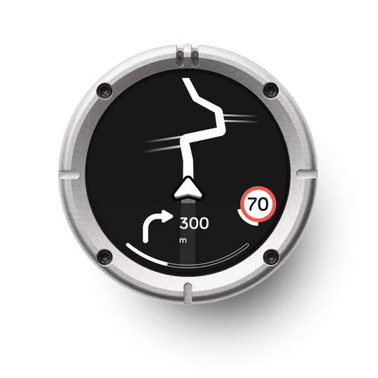 Beeline Moto II Silver — motorcycle navigation device showing route guidance and 70 km/h speed limit