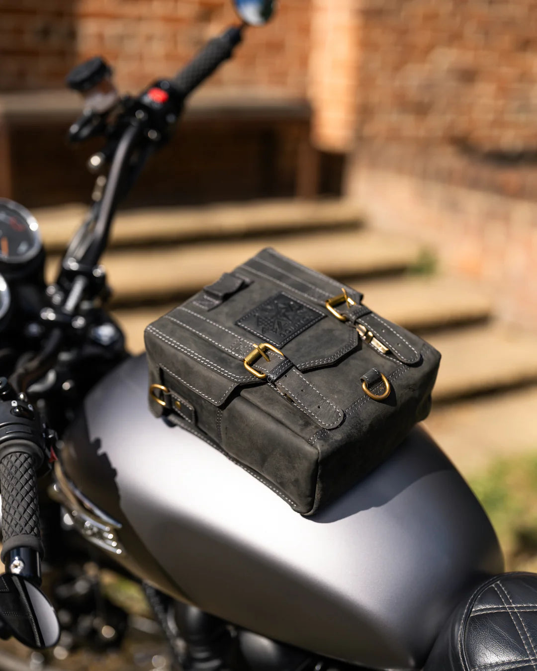 Goldtop Leather Black Tank Bag on Bike