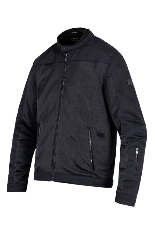 Studio shot of the John Doe Aero Mesh Jacket in black – zipped front, angled view
