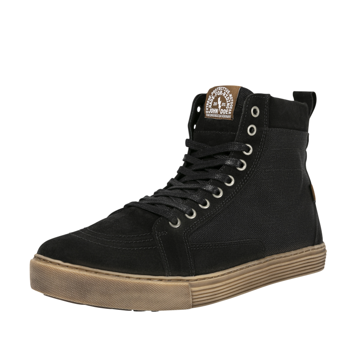 Angled front view of John Doe Neo Black high-top Trainer with brown sole and branded tongue