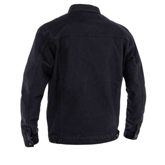 John Doe Maverick jacket in Black Raw denim – rear angled view