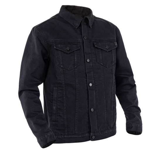 John Doe Maverick jacket in Black Raw denim – front angled view