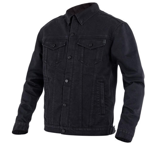 John Doe Maverick jacket in Black Raw denim – front right angled view