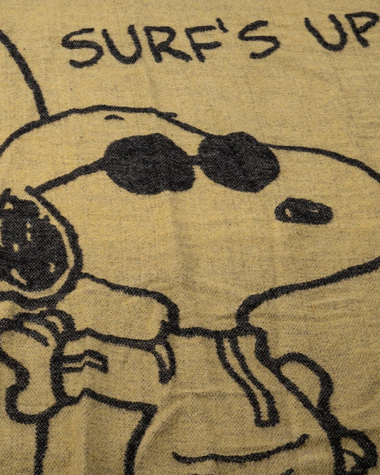 Pike Brothers 1969 Snoopy Blanket – close-up view of light brown and black wool texture with graphic detail