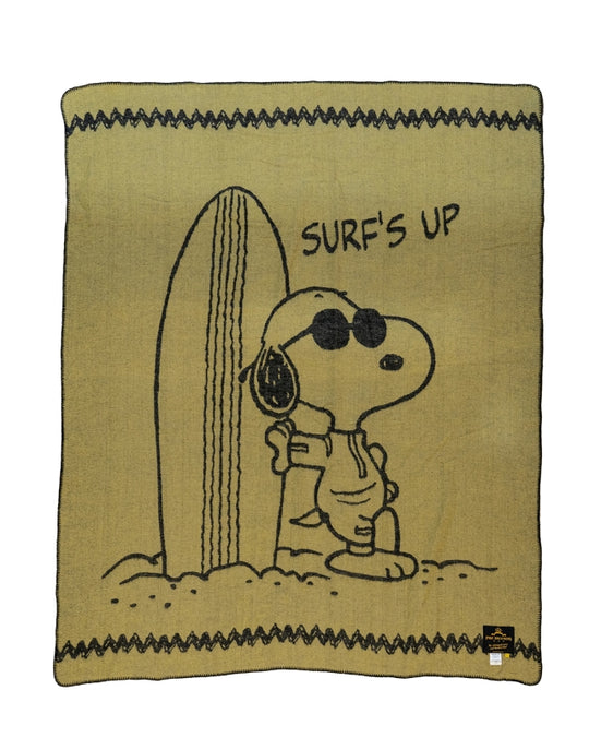 Pike Brothers 1969 Snoopy Blanket – flat view with light brown background, large Snoopy and surfboard graphic, black zig-zag border top and bottom
