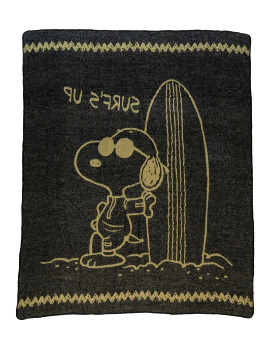 Pike Brothers 1969 Snoopy Blanket – reverse side showing black base with light brown Snoopy and surfboard graphic