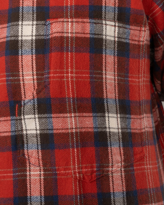 Close-up of chest pocket and fabric pattern on the Pike Brothers 1937 Roamer Shirt in Red Flannel