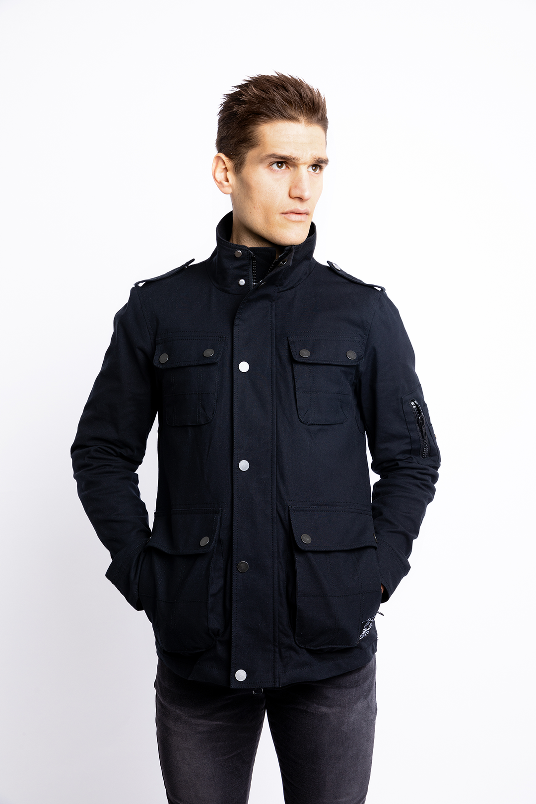 Model-Wearing-John-Doe-Explorer-Jacket-Black-Front-Collar