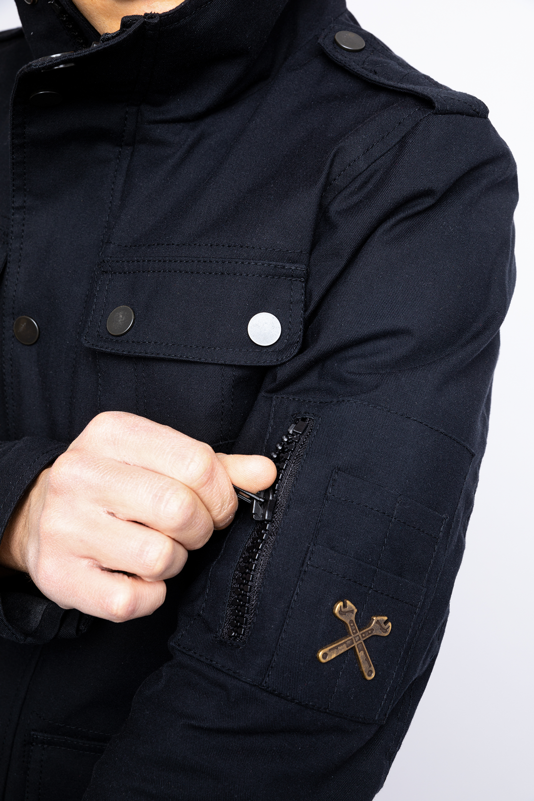 Model-Wearing-John-Doe-Explorer-Jacket-Black-Pocket-Zip-John-Doe-Logo