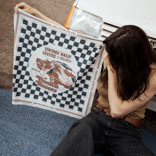 model-holding-wildust-sisters-classic-scarf-chequered-vintage-pattern-blue-side-artwork