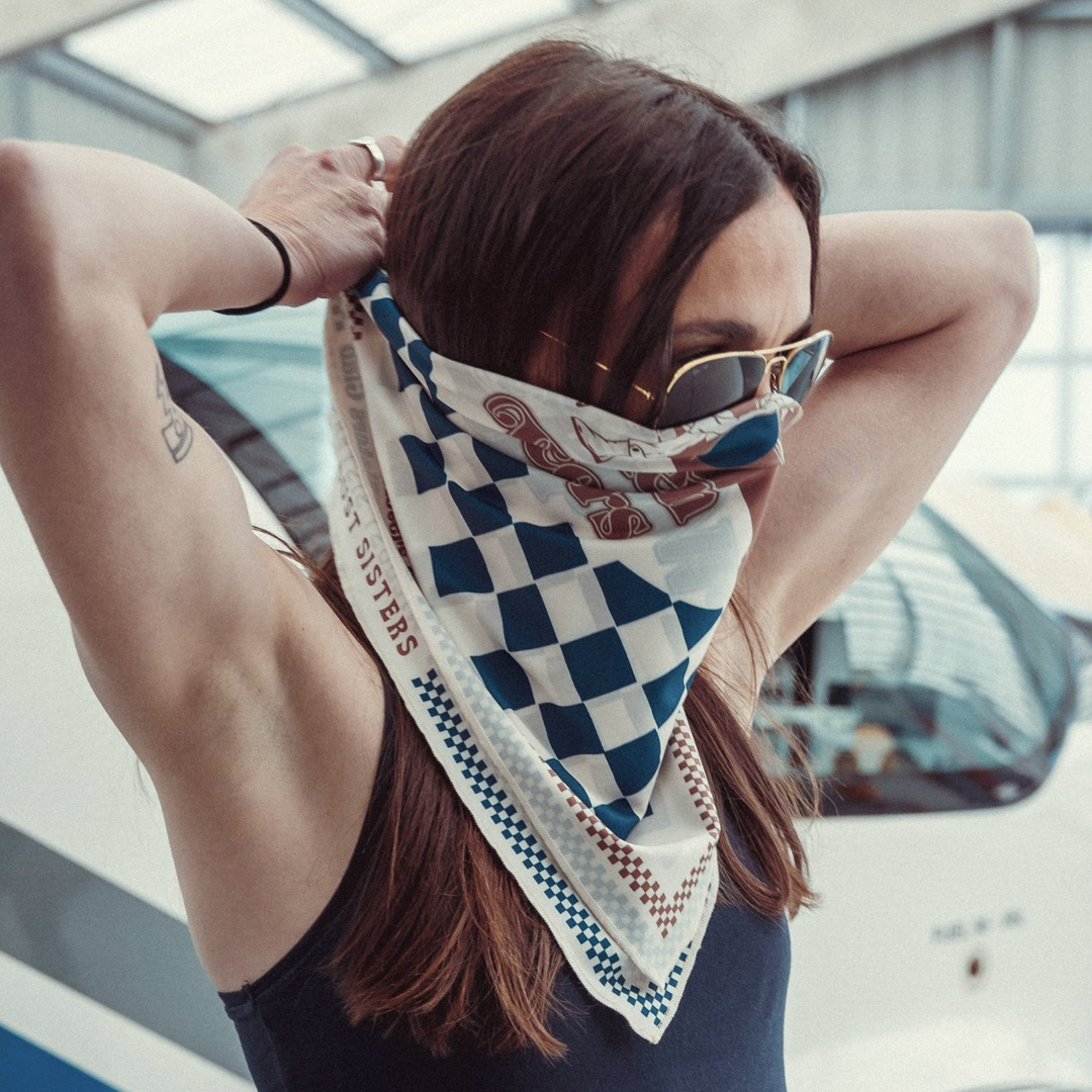 model-wearing-blue-side-chequered-wildust-sisters-moto-scarf-classics