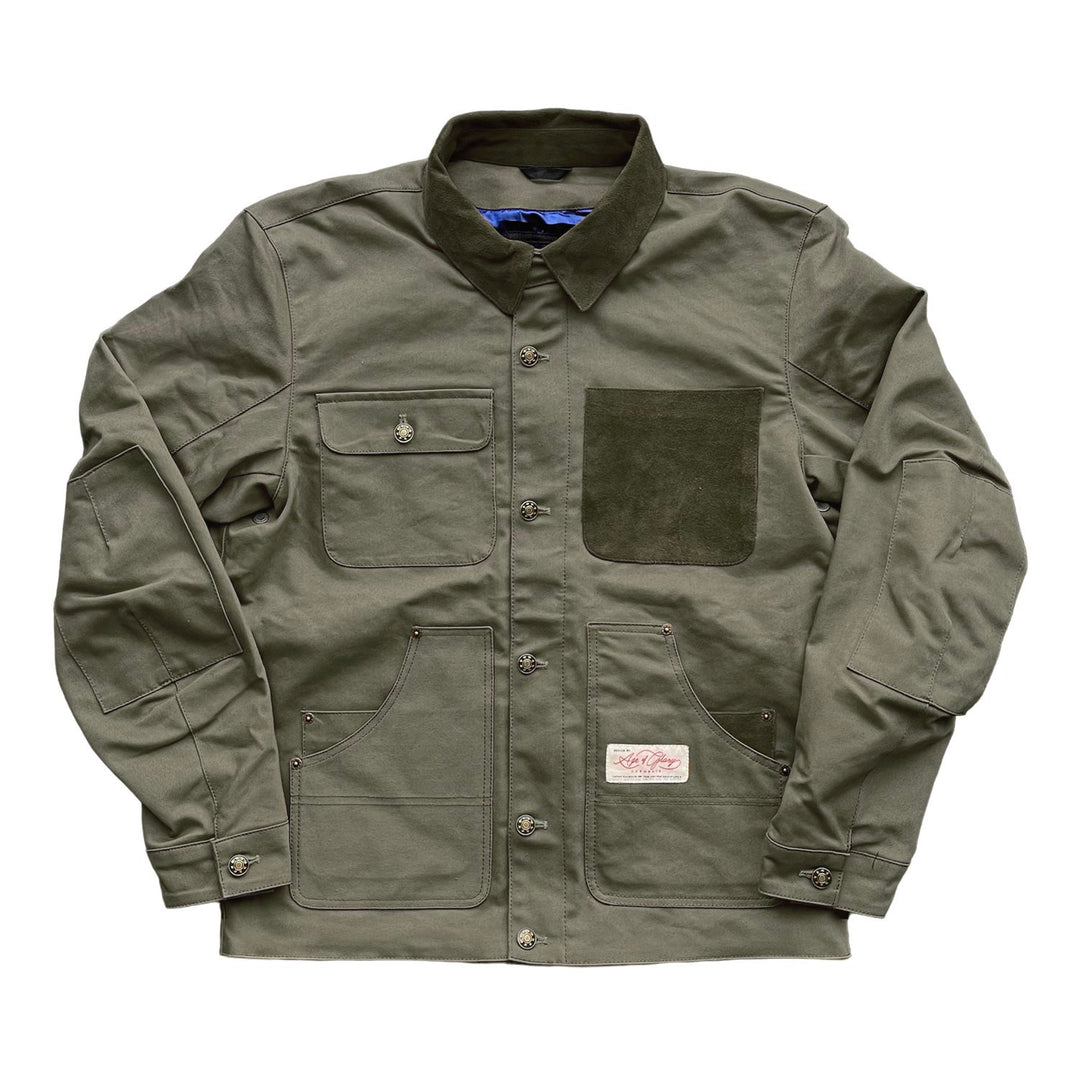 Age Of Glory Craftsman Jacket in Olive Front View, closed with button pockets