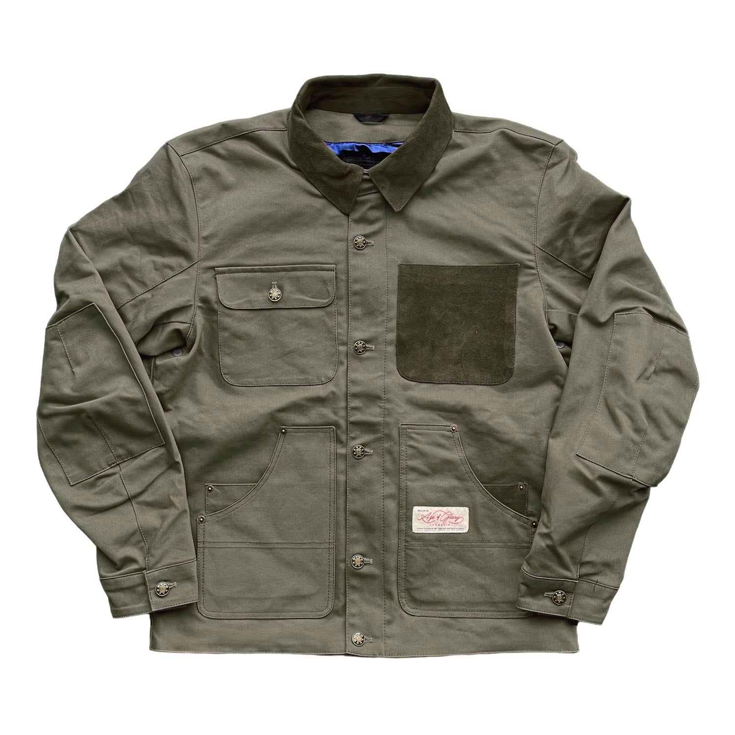 Age Of Glory Craftsman Jacket in Olive Front View, closed with button pockets