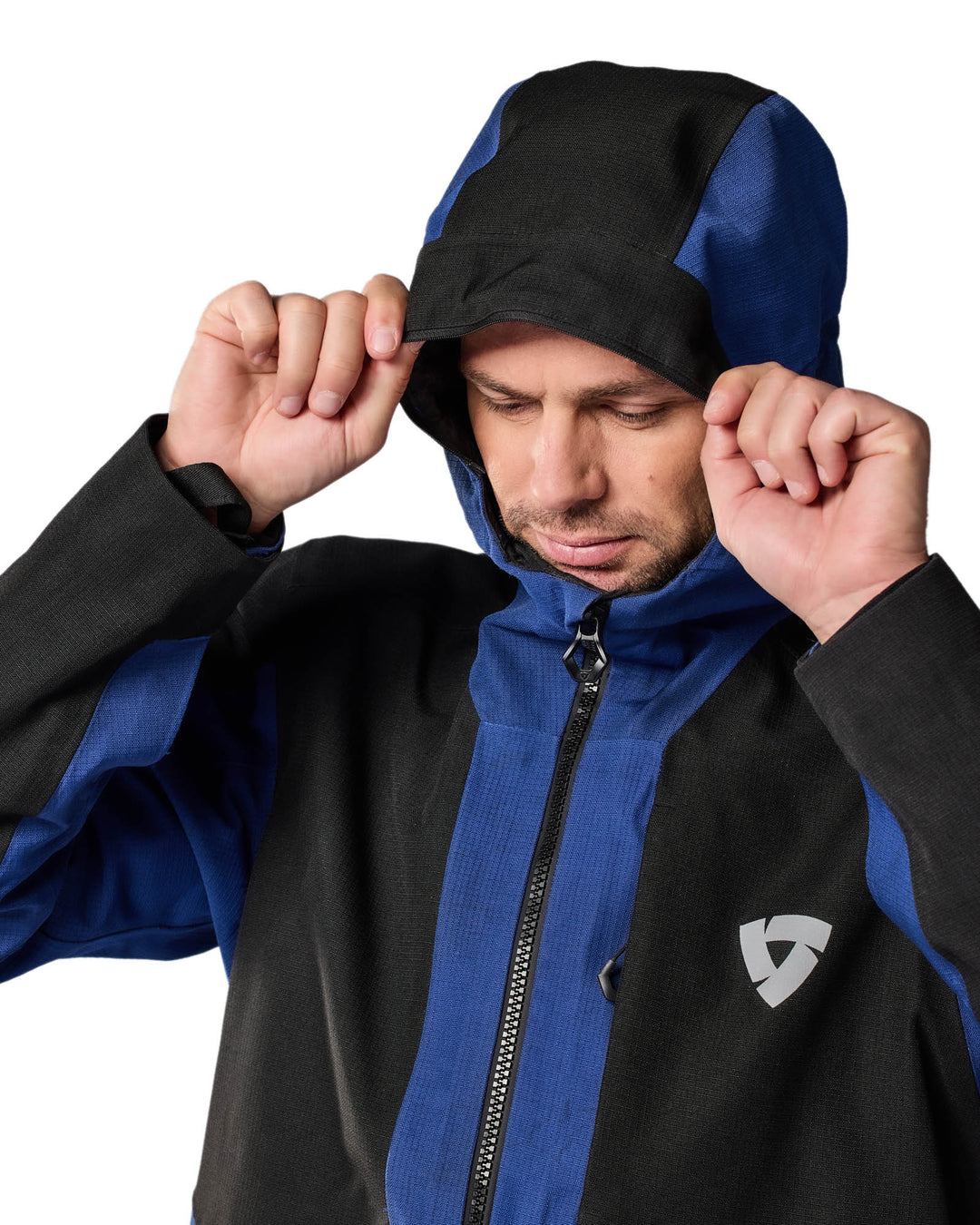 Model wearing REV’IT! Tectonic H2O Jacket, Close-up of hood