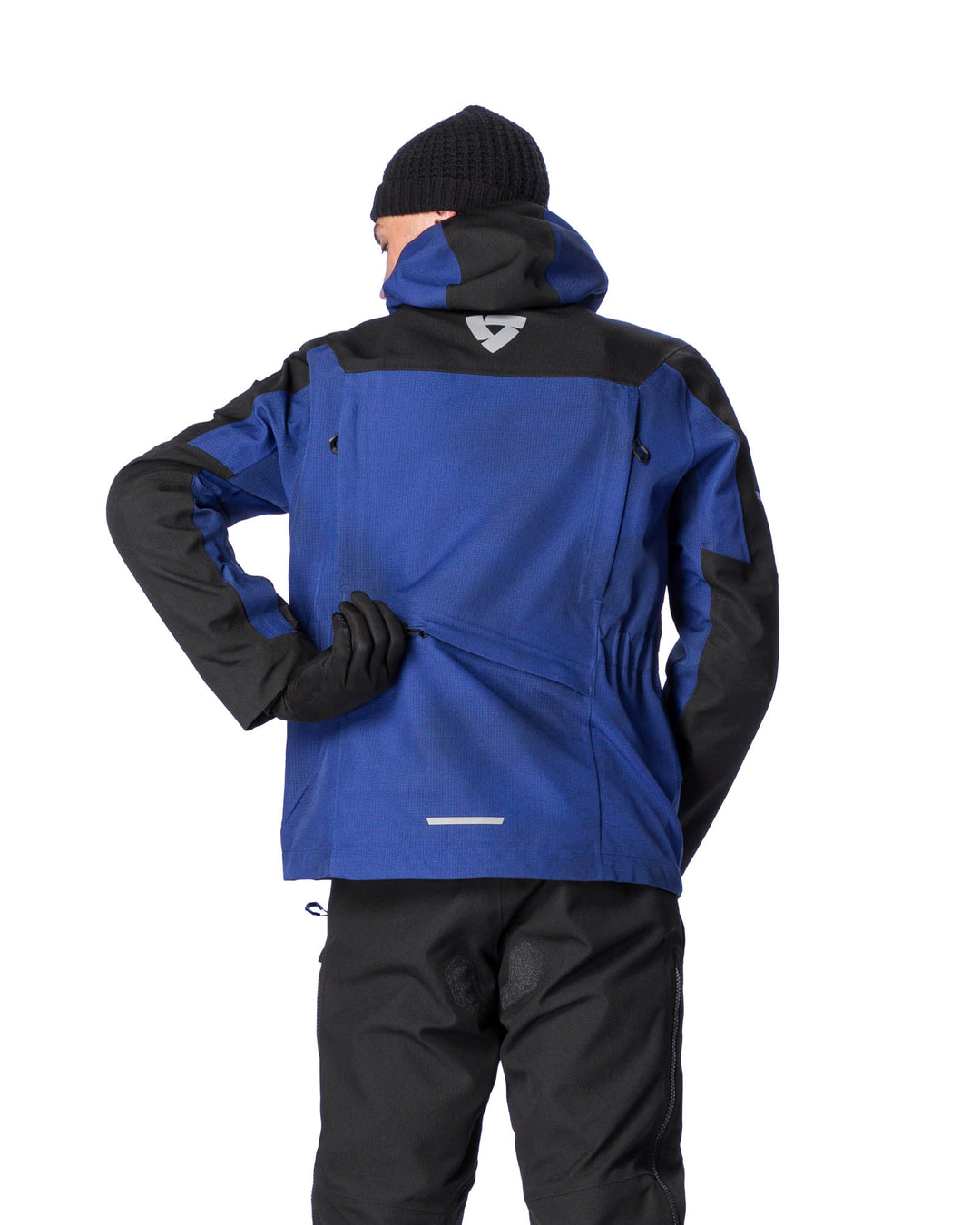 Model wearing REV’IT! Tectonic H2O Jacket, Dark blue-Black, rear view