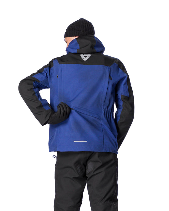 Model wearing REV’IT! Tectonic H2O Jacket, Dark blue-Black, rear view