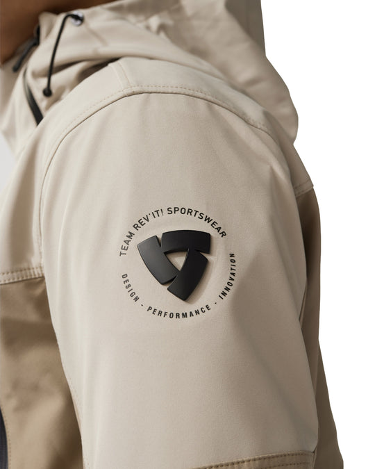 Close-up of logo on REV’IT! Altair H2O Smock, sand