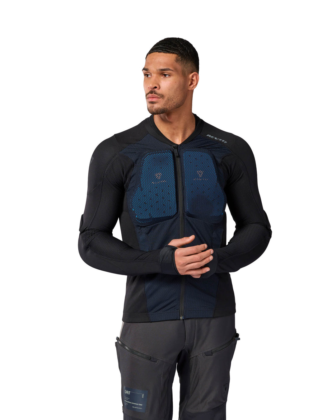 Model wearing REV’IT! Proteus Protector Jacket, front view