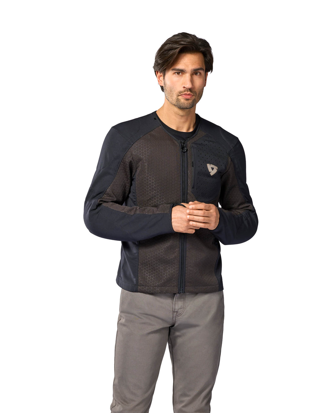 Model wearing REV’IT! Nucleus Protector Jacket, front view