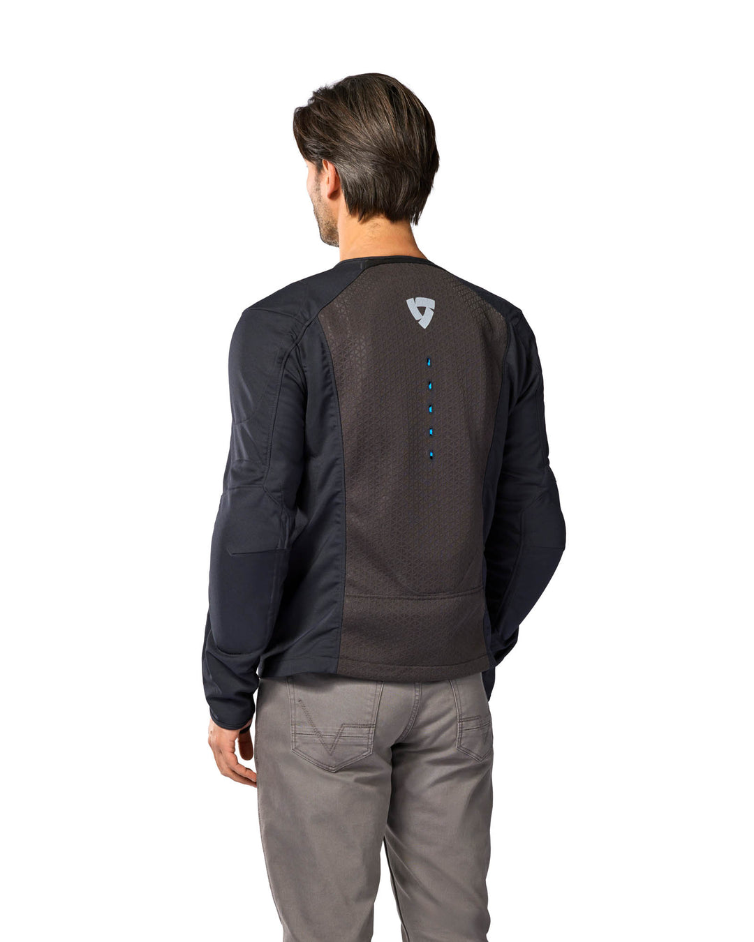 Modeal wearing REV’IT! Nucleus Protector Jacket, Rear three quarter view
