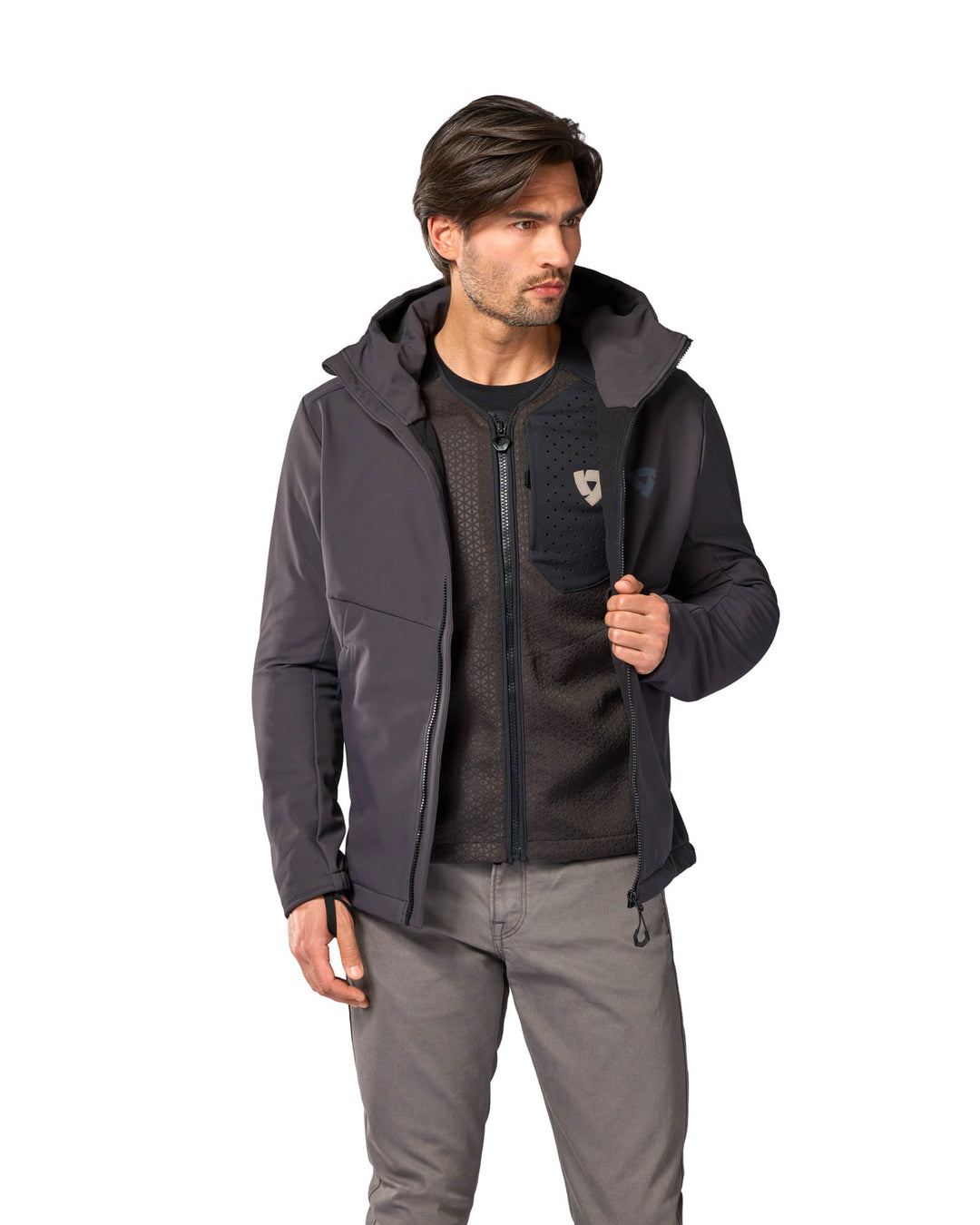 Model wearing REV’IT! Nucleus Protector Jacket, underneath coat 