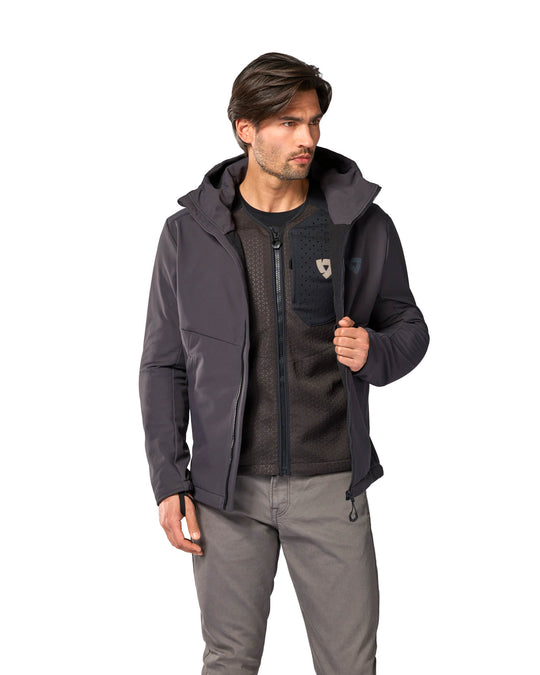 Model wearing REV’IT! Nucleus Protector Jacket, underneath coat 