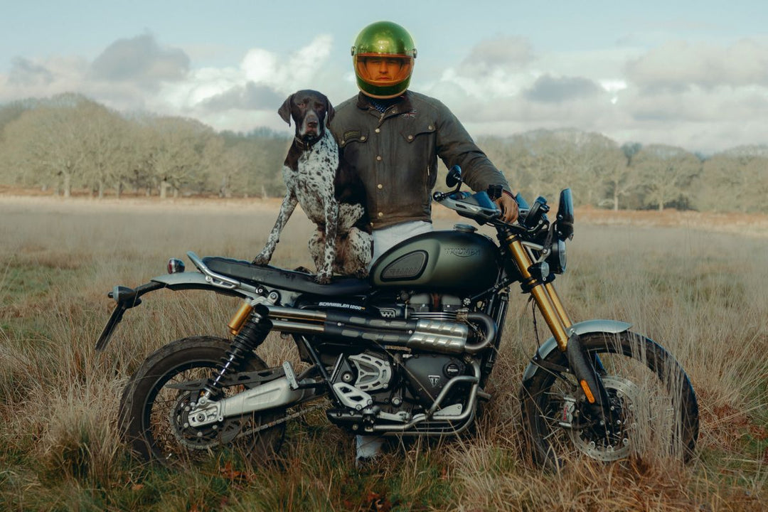 Rider wearing a green Hedon Heroine Racer 2.0 Olivea helmet with a dog on a Triumph Scrambler motorcycle