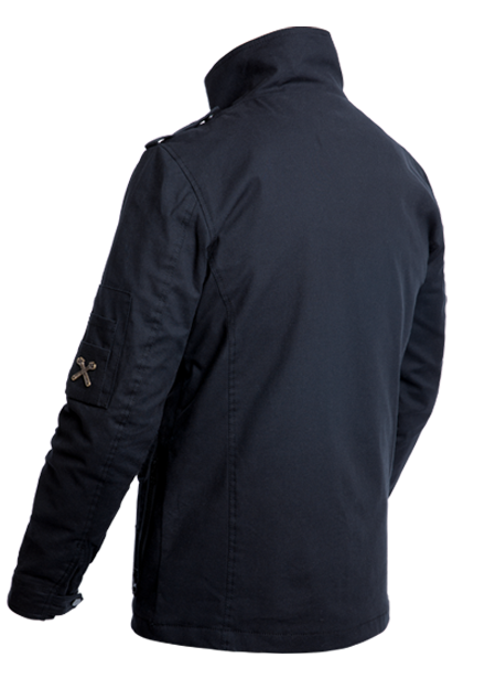 Model-Wearing-John-Doe-Logo-Explorer-Jacket-Black-3/4-View-Collar-up