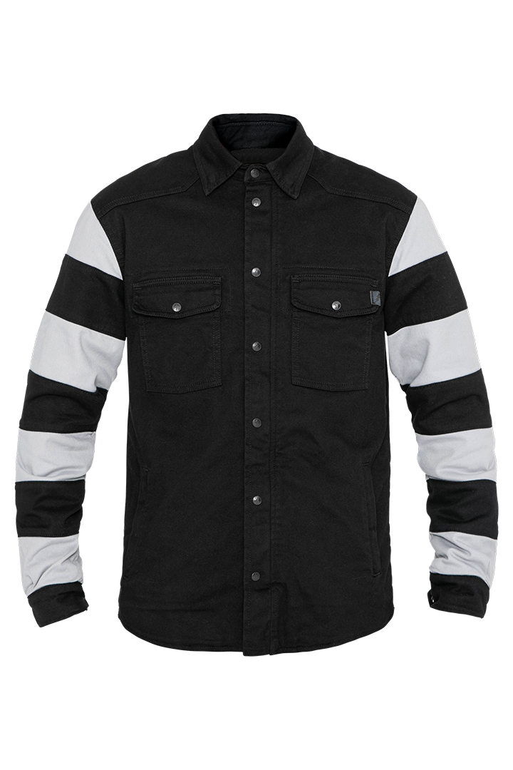 John-Doe-Prison-XTM-Motoshirt-Black-White-Striped-Sleeves-Full-Front-View-Black-Chest-Panel