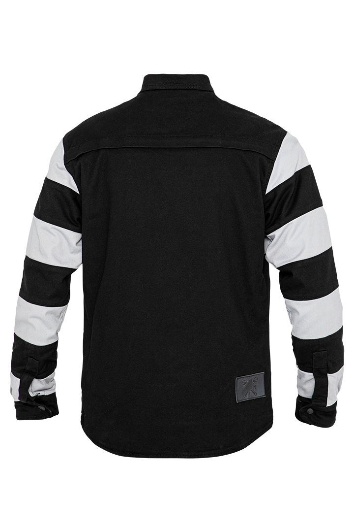 John-Doe-Prison-XTM-Motoshirt-Black-White-Striped-Sleeves-Rear-View-Black-Back-Panel