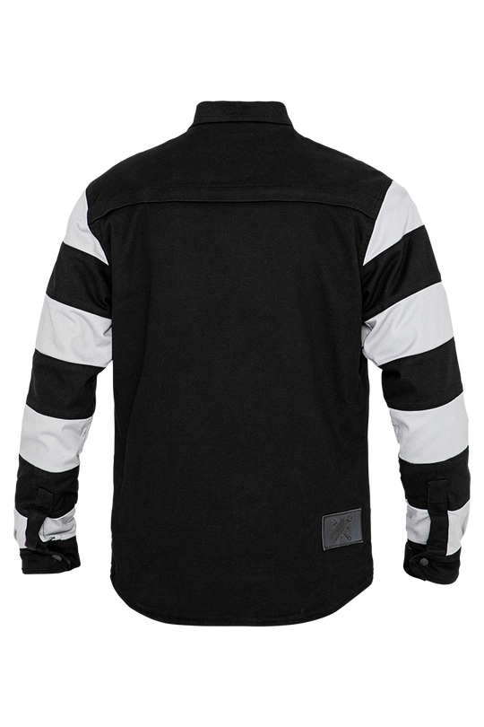 John-Doe-Prison-XTM-Motoshirt-Black-White-Striped-Sleeves-Rear-View-Black-Back-Panel