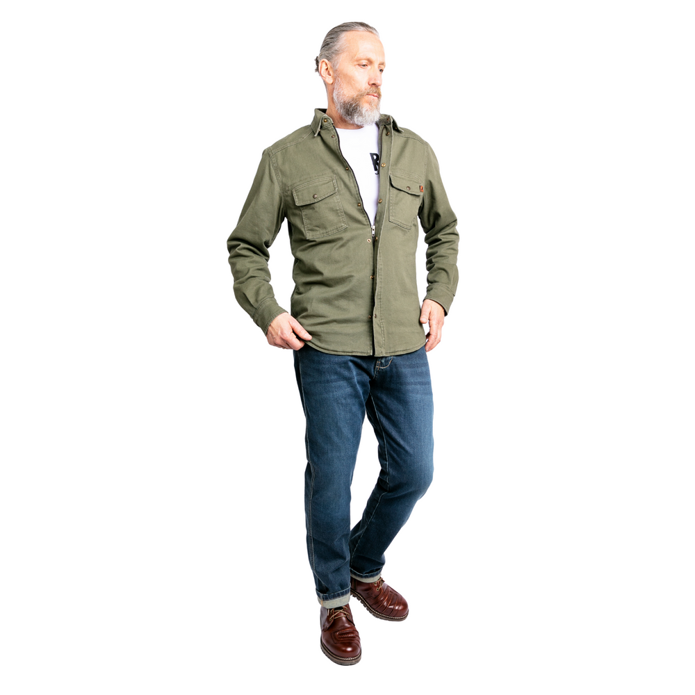 John Doe Motoshirt Olive Man Wearing done up