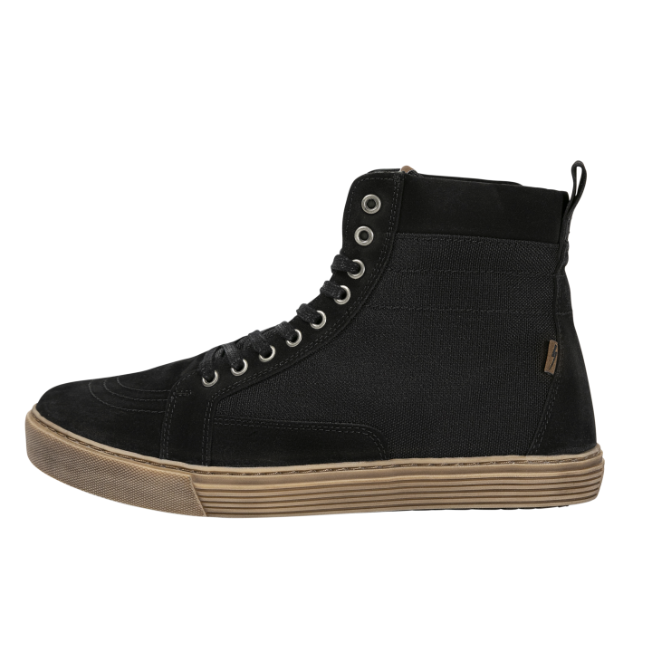 John Doe Neo Black high-top Trainer with a brown sole on a white background