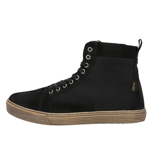 John Doe Neo Black high-top Trainer with a brown sole on a white background