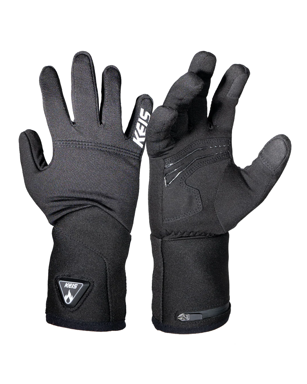 KEIS G201 Heated Inner Gloves – front and back view showing slim cuff design and touchscreen fingertips.