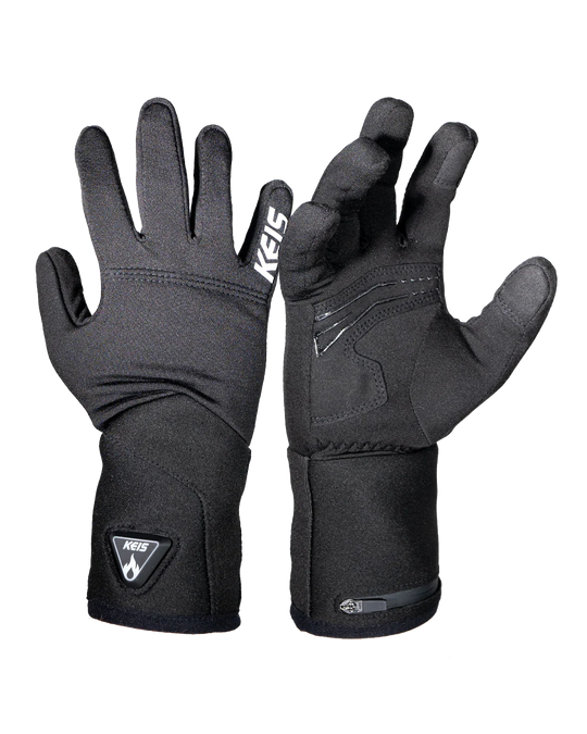 KEIS G201 Heated Inner Gloves – front and back view showing slim cuff design and touchscreen fingertips.
