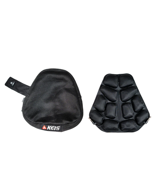 Front and back view of the KEIS Heated Motorcycle Cushion displaying mesh cover and internal air pockets.