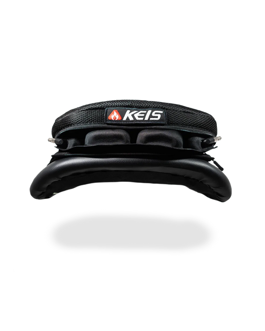 Side profile of the KEIS Heated Motorcycle Cushion showing the dual bladder structure and mesh surface.
