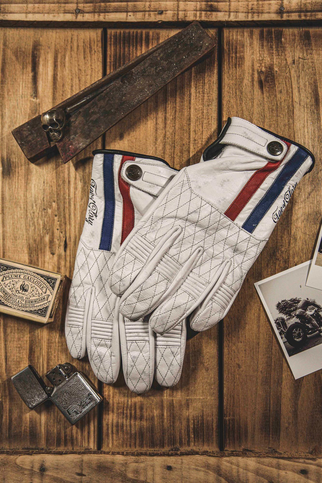 Leather Gloves White Blue Red