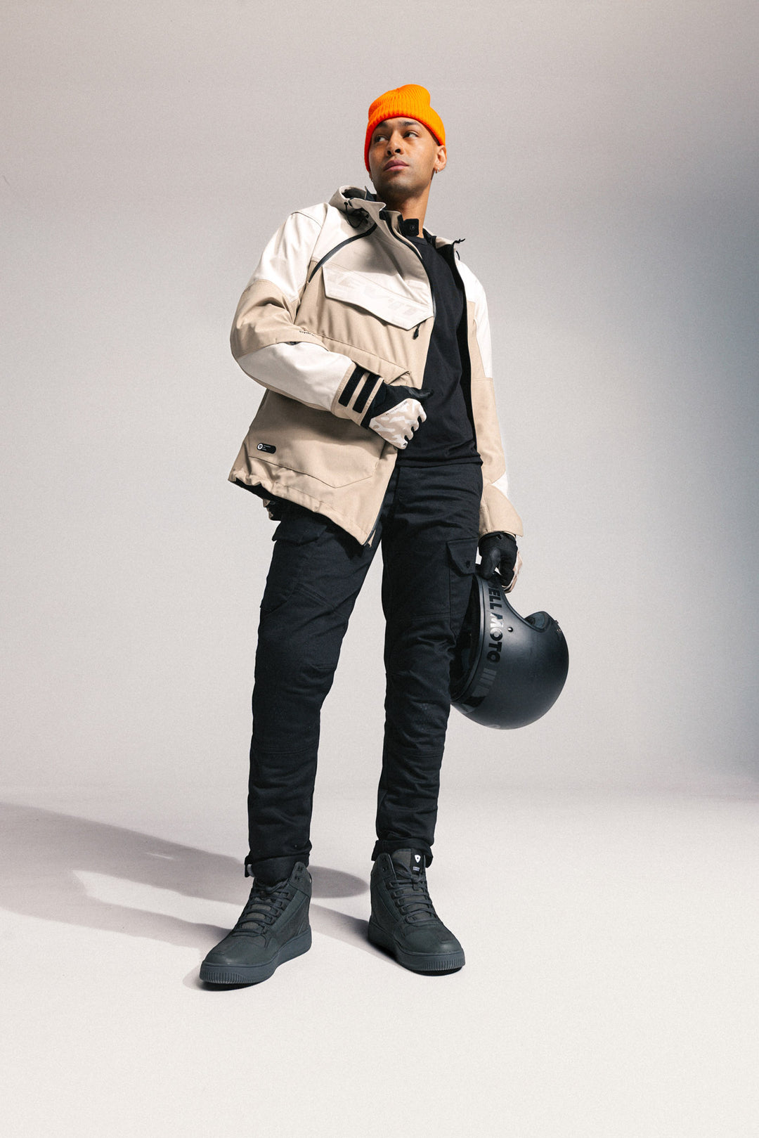 Model wearing REV’IT! Altair H2O Smock, Sand three quarter view