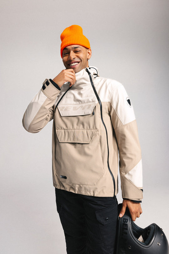 Model wearing REV’IT! Altair H2O Smock, sand
