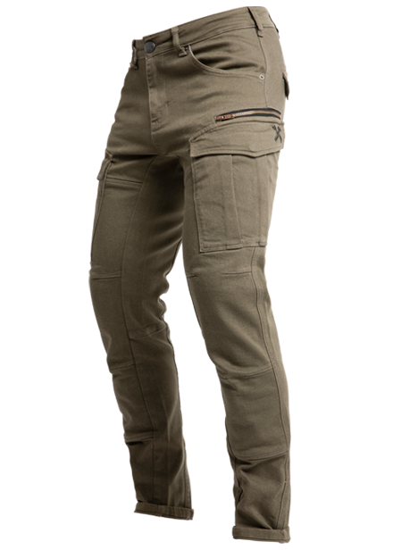 John-Doe-XTM-Fabric-Defender-Cargo-Trousers-Olive-3/4-View-Pockets-Zip