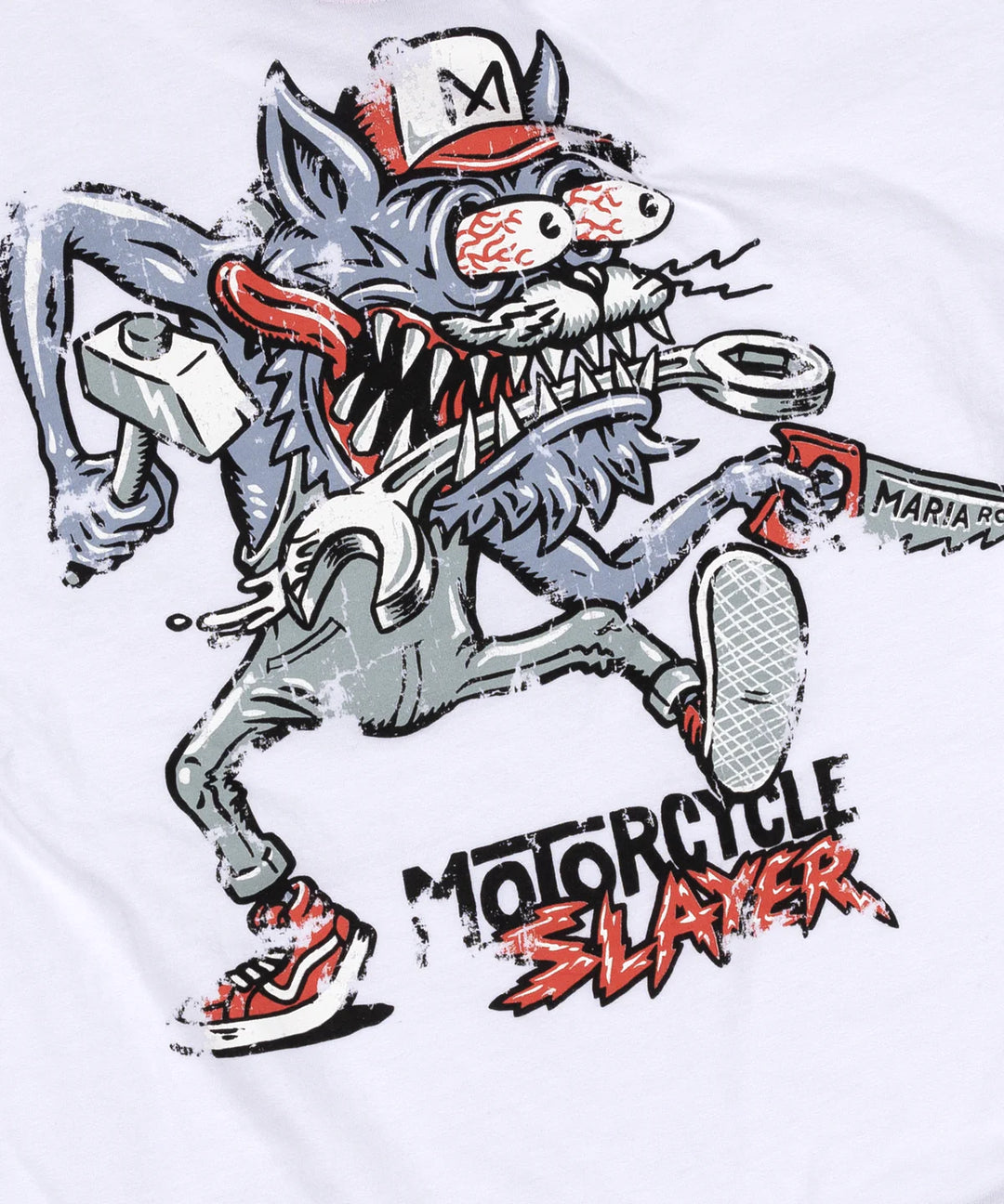 Maria-riding-Tshirt-slayer-white-graphic