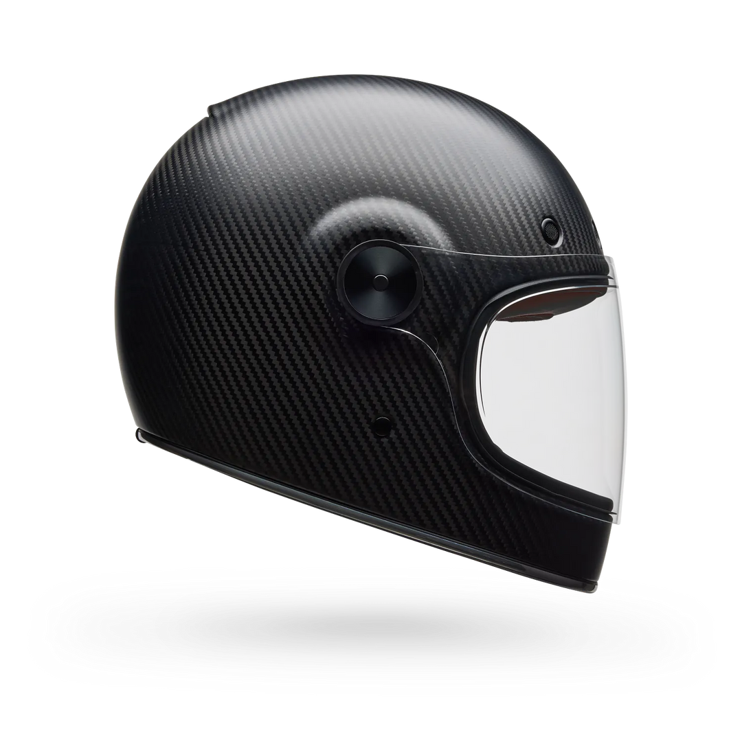 Black carbon fibre full face motorcycle helmet left side view