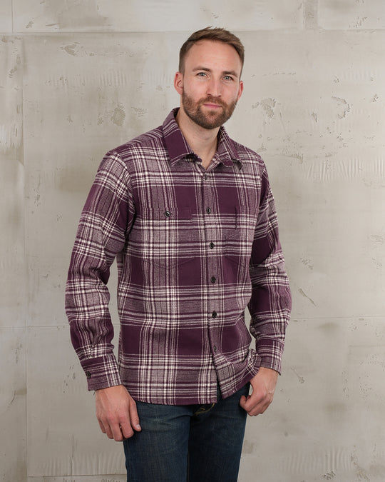 Male Model wearing the Pike Brothers 1937 Roamer Shirt in Livingston Bordeaux, front view